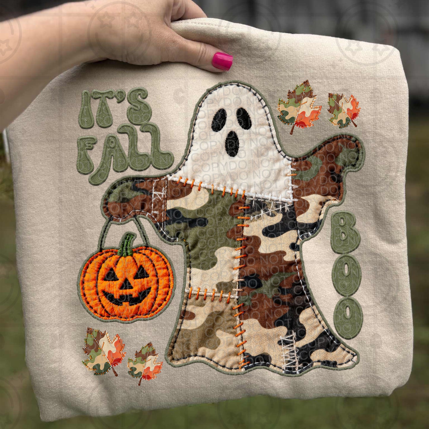 It's Fall Boo Faux Embroidery Mixed Camo Patchwork Ghost and Pumpkin PNG Digital Download