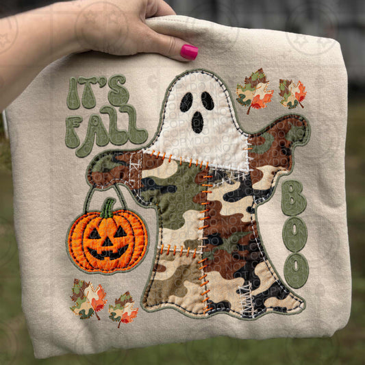 It's Fall Boo Faux Embroidery Mixed Camo Patchwork Ghost and Pumpkin PNG Digital Download