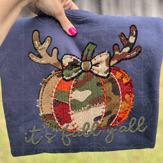 It's Fall Y’all Faux Embroidery Mixed Camo Pumpkin PNG Digital Download - Dtf Transfers - Sublimation Designs