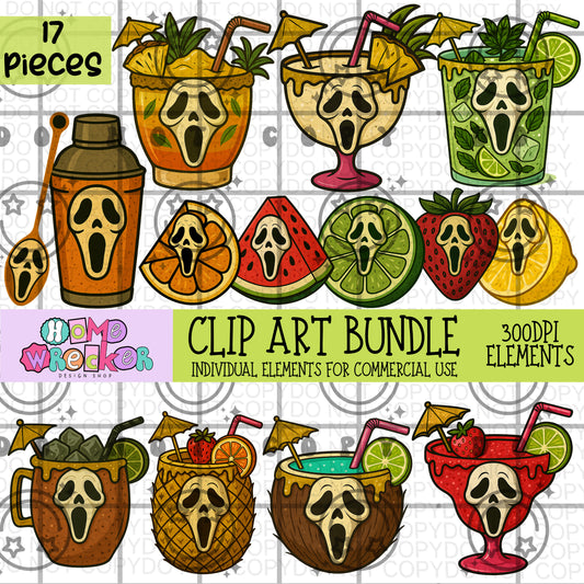 Ghost F@CE Summer Drink Clipart Bundle | 17 elements Transparent PNG for commercial use, make your own digital designs