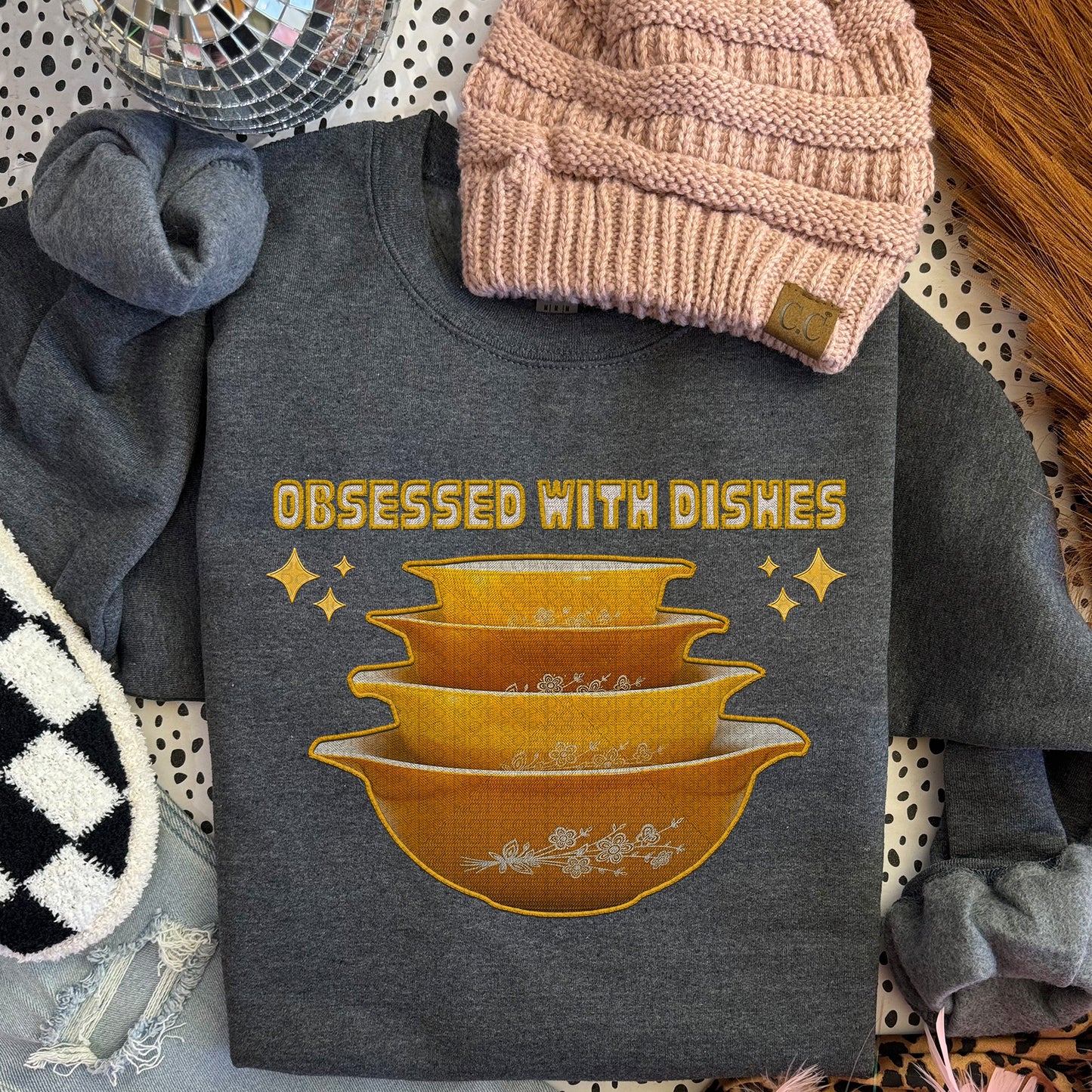 Obsessed with Dishes Stacked Yellow Bowls | Faux Embroidery PNG Digital Download