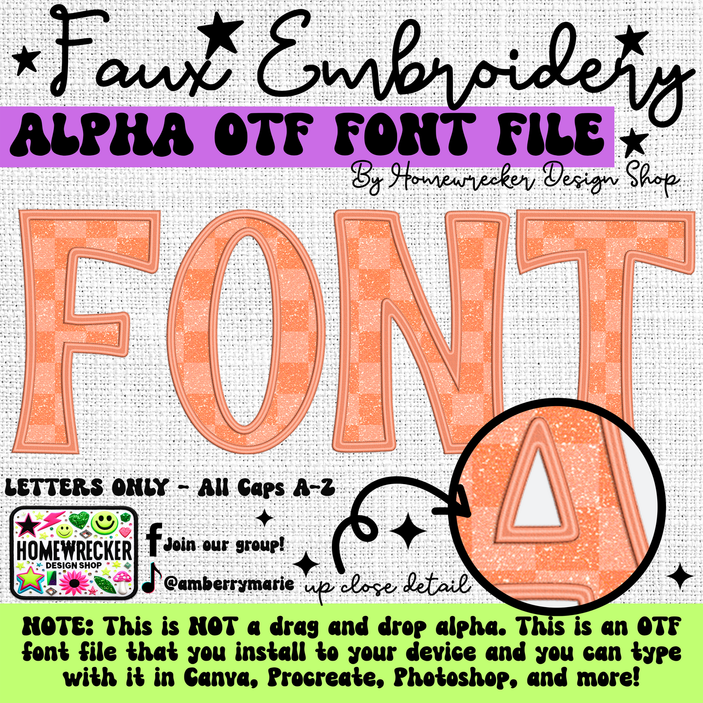 Orange Glitter Checkers OTF Font, Faux Embroidery, OTF Font Clipart Make your own designs Digital Download