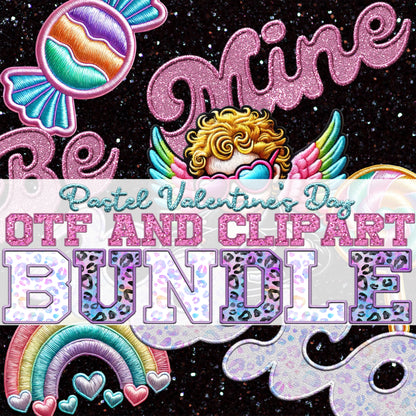 Pastel Valentine's Day Faux Embroidery 20+ CLIPART + 5pc OTF FONT Bundle