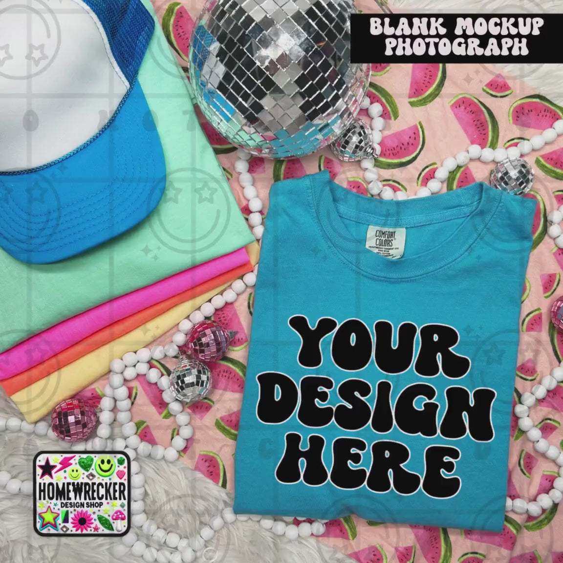 Mock up bundle: Comfort Colors Blank Tshirt Mock ups and Otto Trucker Hats, Summer themed, Watermelon, Bright and Neon colors, BUNDLE
