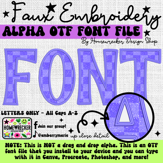 Purple Glitter Checkers OTF Font, Faux Embroidery, OTF Font Clipart Make your own designs Digital Download