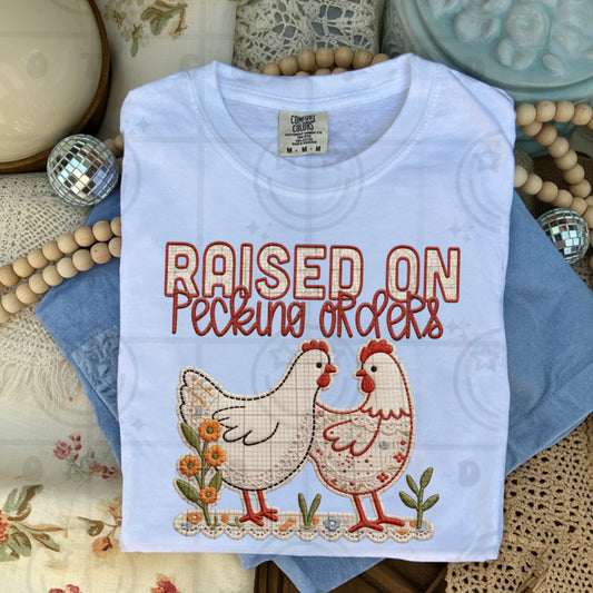 Raised On Pecking Orders faux embroidery png farmhouse chicken humor cottagecore country vintage farm aesthetic digital design
