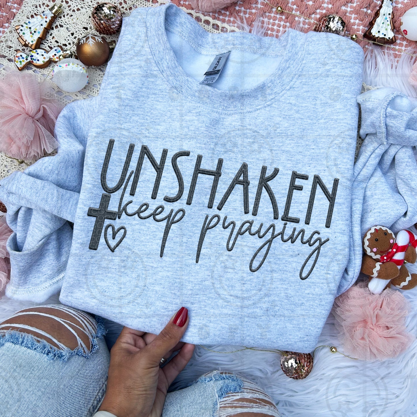 Unshaken Keep Praying Cross with heart Dark Navy Faux Embroidery PNG digital download