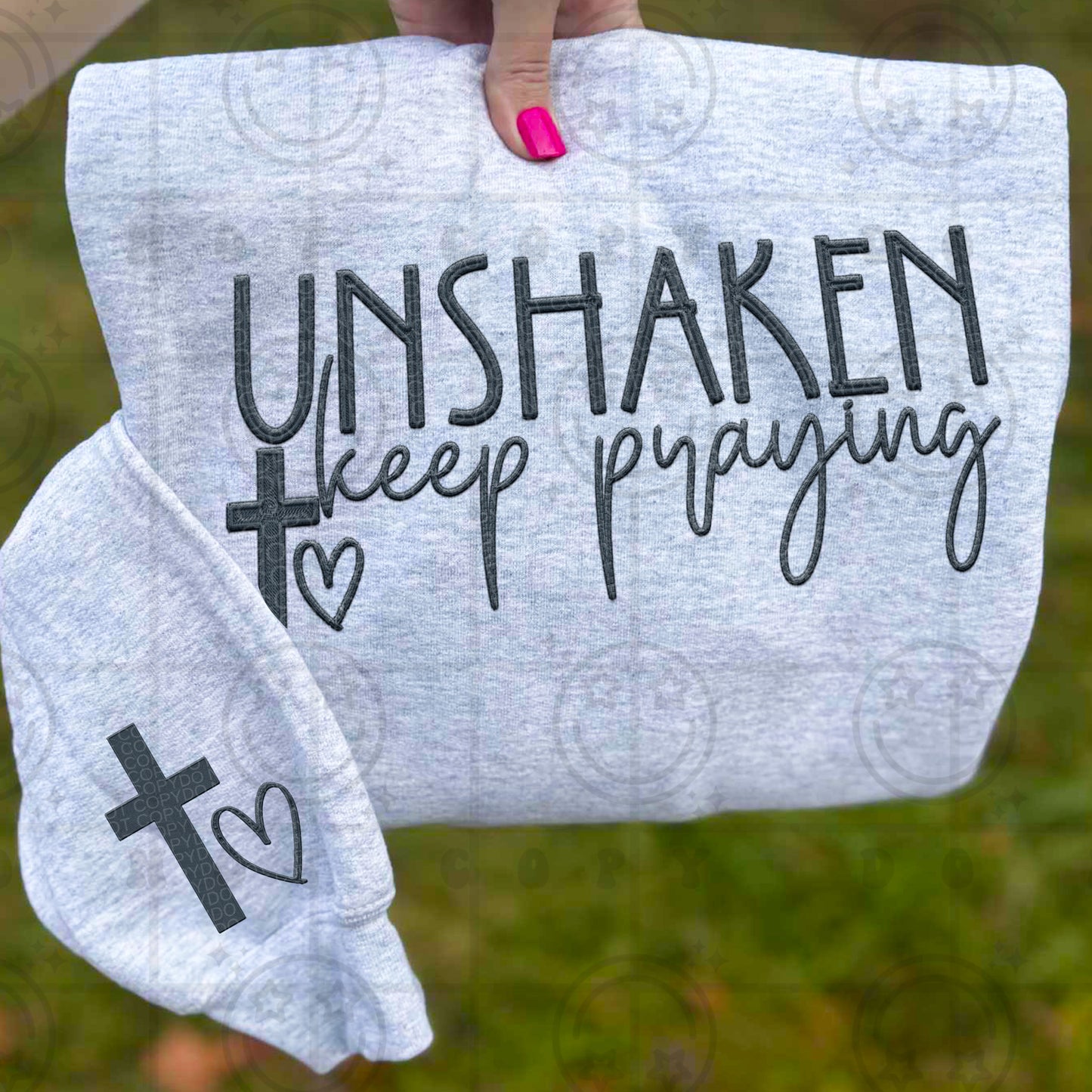 Unshaken Keep Praying Cross with heart Dark Navy Faux Embroidery PNG digital download