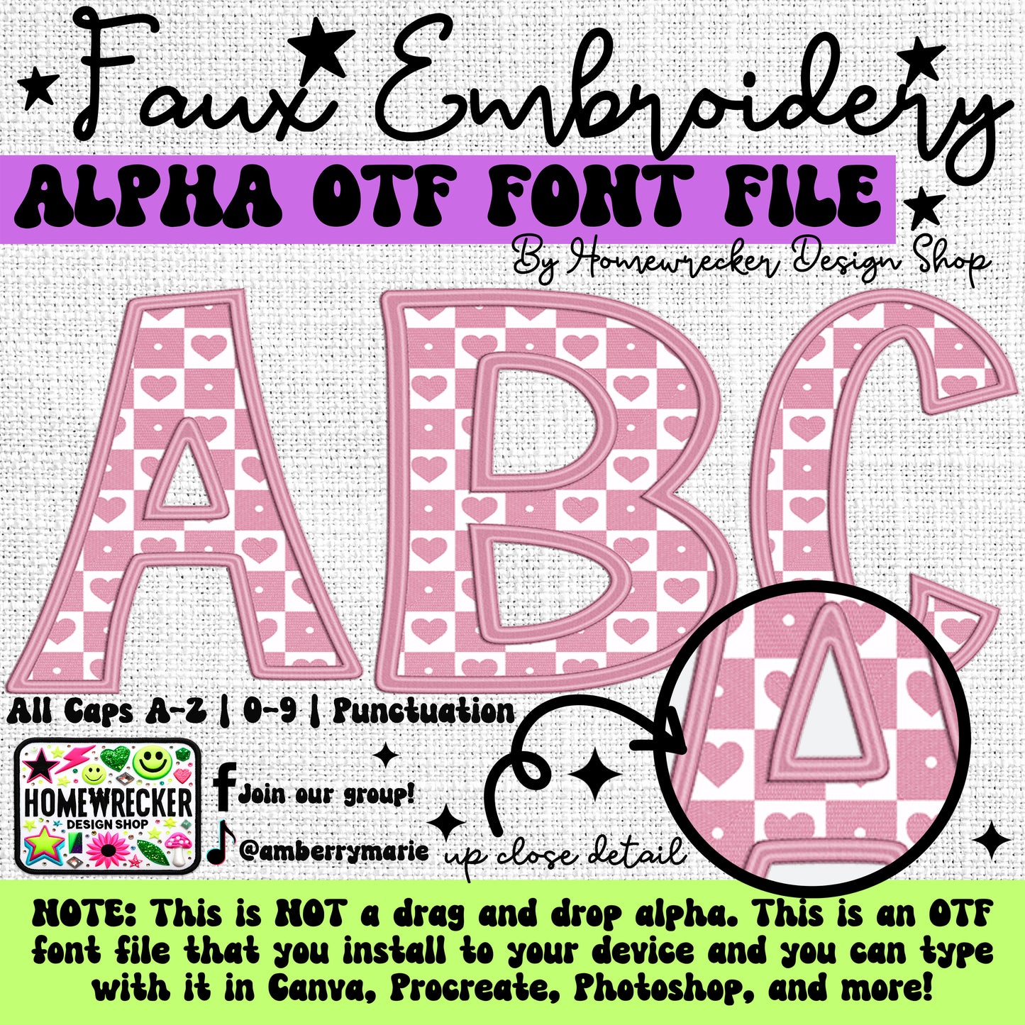 Vday Checkered Hearts OTF Font, Faux Embroidery, OTF Font Clipart Make your own designs Digital Download