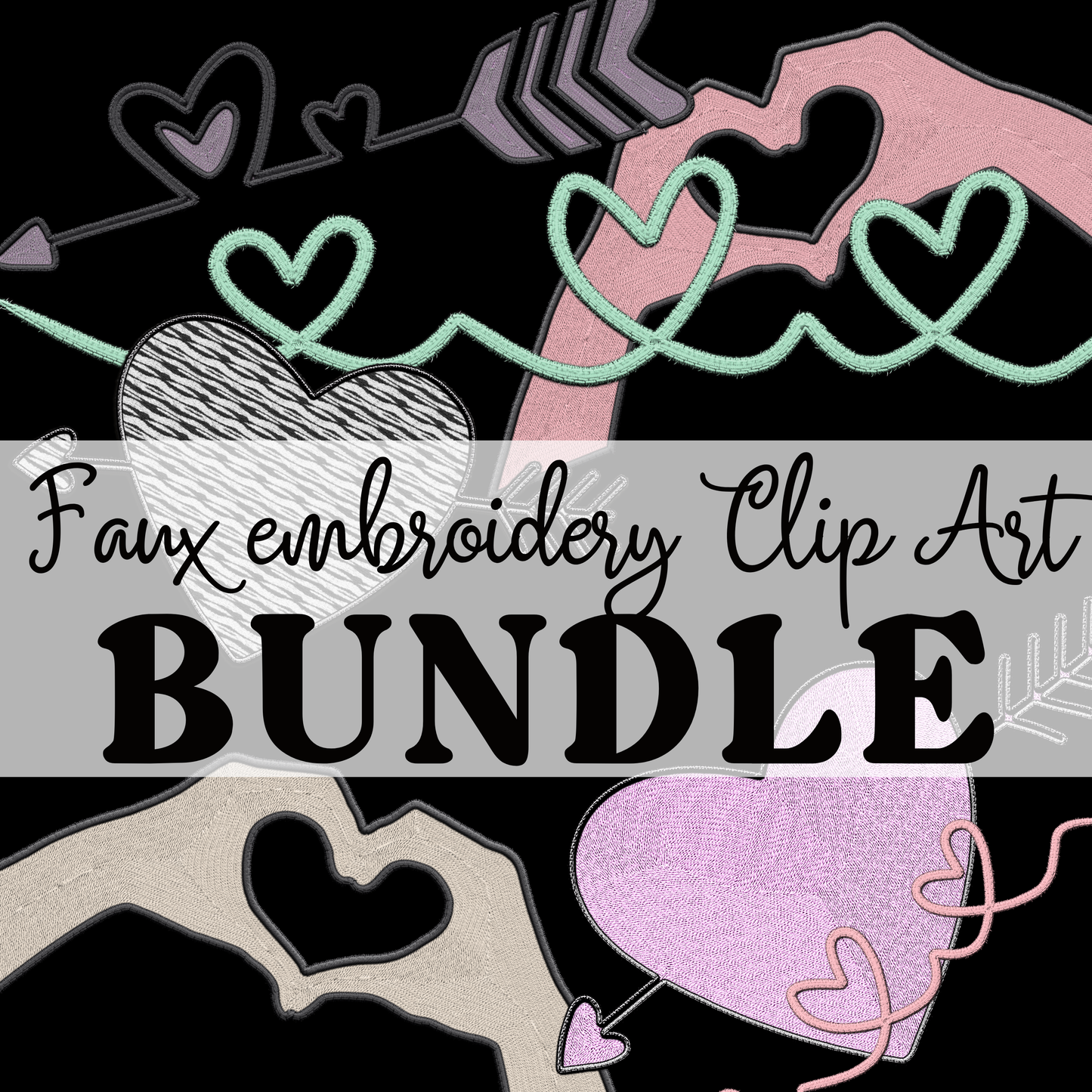 Valentines Faux Embroidery Element Clip Art Mini Bundle | 20 pieces