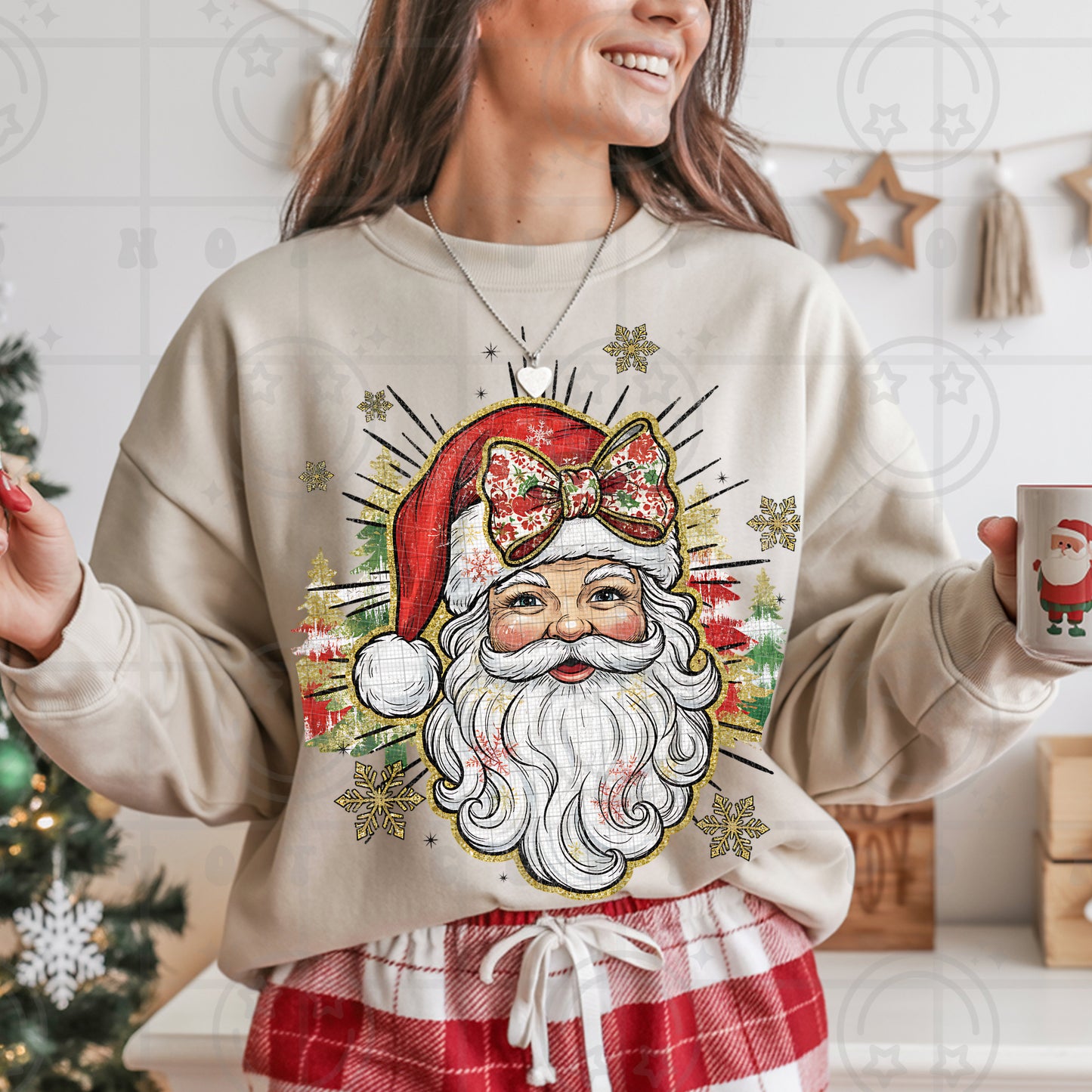 Vintage Painted Santa with Bow *Distressed* PNG Download