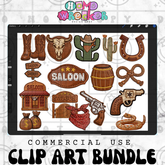 Wild West Faux Applique Clipart Bundle | Sequin & Faux Embroidery PNG | Commercial Use Digital Designs